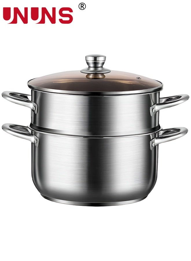 UNUNS Steamer for Cooking,2-Tier 24CM Stainless Steel Steaming Pot with Steamer Basket for Vegetable,Dumpling,Soup,Pasta,Seafood,Transparent Glass Lid and Handle for Safe Cool Touch Cooking - Image 1